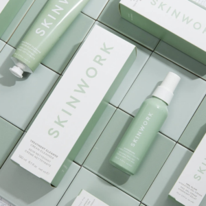 Flat lay of skinwork's new products in mint green